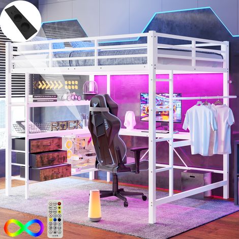 Hochbett 140×200 Metallbett Kinderbett mit fernbedienbarem Ambientelicht&Computerkonsolenablage,Steckdose+USB,Geländer,3 Schubladen,ohne Matratze,Weiß