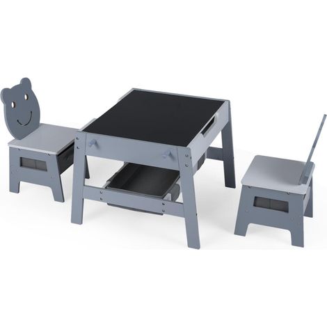 Espace Créatif Table et 2 Chaises Enfant 5 en 1 Plateau Réversible Tableau Craie et Feutre pour Chambre Gris (1/2)
