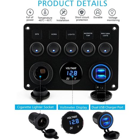 Gebildet 5gangs Multifonctions à Bascule Double Chargeur USB + Volmètre Numérique + prise 12V Panneau de Commutation pré-câblé avec Disjoncteurs pour Camping-car, Voiture, Bateau, Camion, Remorque