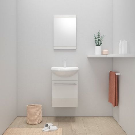 Meuble simple vasque 42x60x25 cm – Finition brillante blanche – À fixer au mur – 1 porte avec miroir – Fabrication Espagne