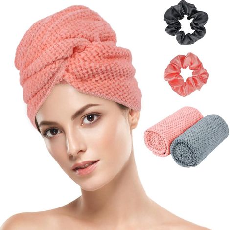 2PCS Serviette Cheveux, Microfibre, 100x61cm, Bande Élastique, Super Absorbante, Pour Cheveux Longs