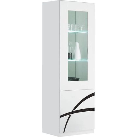 Altobuy – Vitrine droite 1 porte laquée brillant blanc – Dimensions 60 x 46 x H181 cm – Tablettes en verre – Système d'ouverture push pull