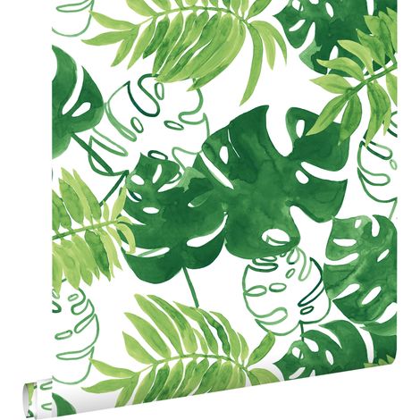 papier peint feuilles tropicales de jungle peintes vert jungle tropicale - ESTAhome