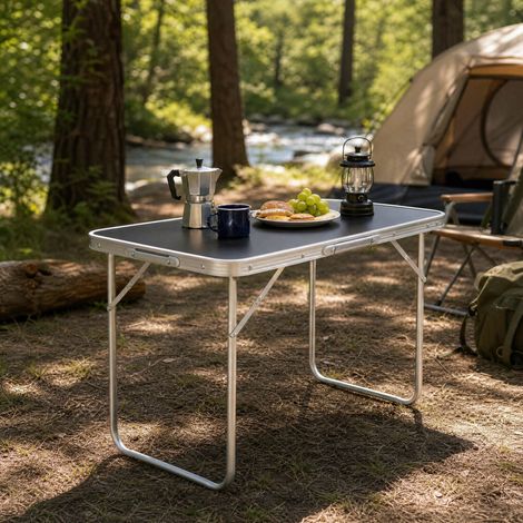 Table de camping pliante 70x50x60 cm en métal noir, gain de place pour camping FloraGrace (1/5)