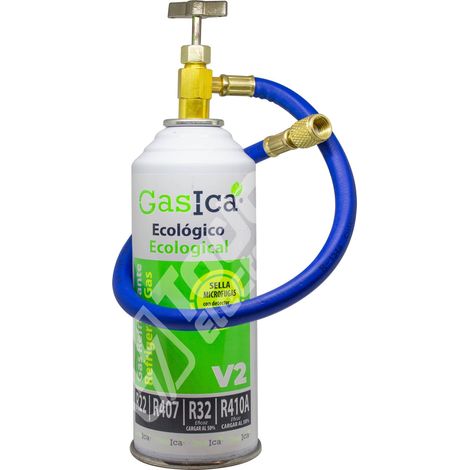 Pack Gas refrigerante ecológico GASICA V2 sustituto R22/R32/R407/R290 y R410A 226gr más manguera con llave (1/5)