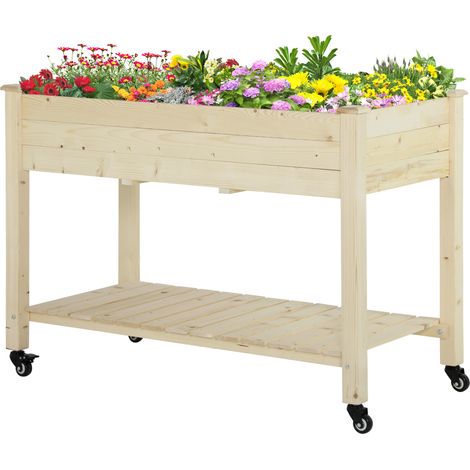 Outsunny Fioriera Orto Rialzato in Legno con Rotelle e Ripiano 118x55x83cm