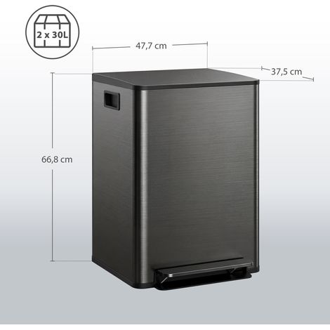 Mülleimer mit 2x30L Fächern, Soft-Close-Deckel, Fingerabdrucksicher, Edelstahl, Schwarz (1/5)