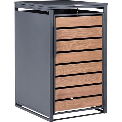 Abri de Poubelle en Métal Acier Galvanisé Finition Imitation Bois 240 L Couvercle Ouverture par le Haut Portes Magnétiques Gris Foncé Policoro