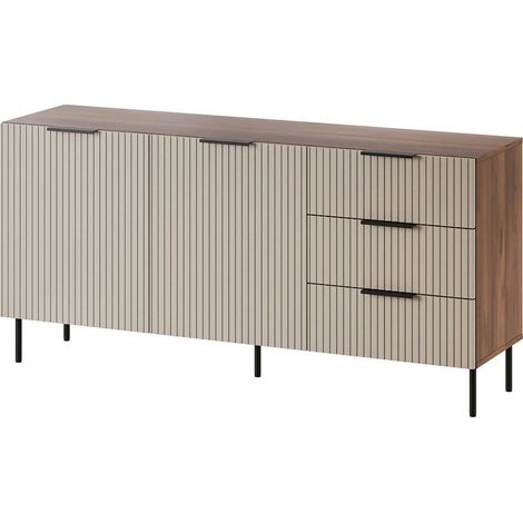 Credenza Monzuno, Madia da salotto con due ante battenti e tre cassetti, Rialzato da terra, 156x42 h75 cm, Noce e Beige