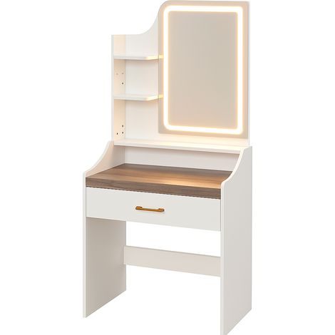 Afrodite - Toeletta Trucco con Luce LED Cassetto 3 Ripiani e Prese Postazione Make Up in Legno Bianco