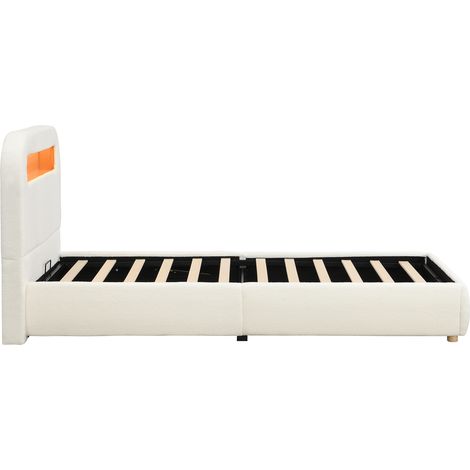 Cama infantil 90 x 200 cm con somier elevable, cabecero LED, almacenaje integrado, blanco bouclé (1/5)