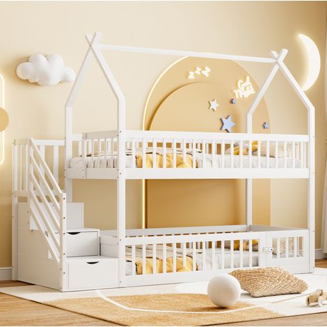 Litera infantil 90x200 cm blanca de madera maciza con techo, escalera y cajones (1/5)