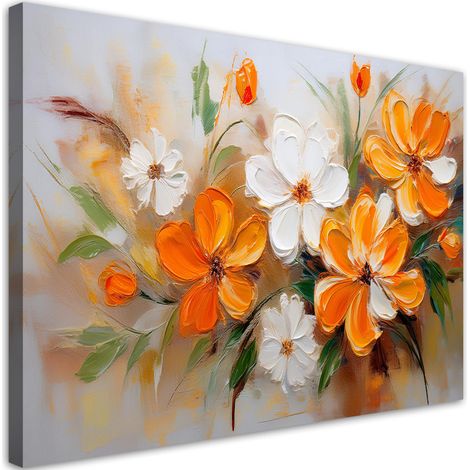 Quadro su tela, Fiori di campo dipinti di bianco e arancione - 90x60