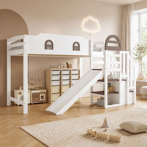 Etagenbett 90x200 cm Weiß aus Kiefer und MDF mit Rutsche, Fenstern und Stauraumtreppe (1/5)