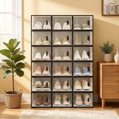 Cajas modulares apilables para zapatos, 18 piezas, plástico transparente y negro HAVRYA (1/5)