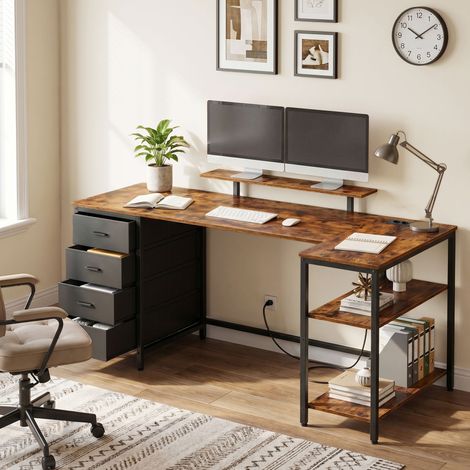 Bureau Informatique d’Angle, Étagères Réglables, 4 Tiroirs, Ports USB, 160 x 80 cm, Marron