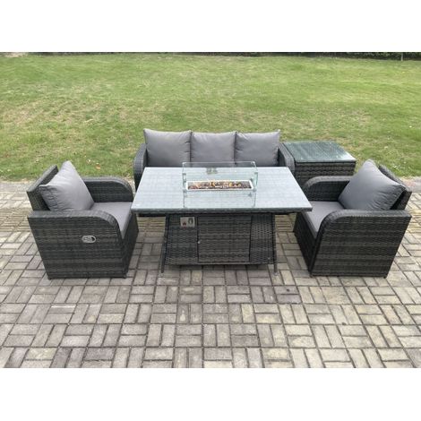 Fimous Polyrattan Gartenmöbelset Gasfeuerstelle Esstisch mit Sofa Beistelltisch (1/5)