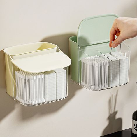 Boîte de rangement murale pour cosmétiques et cotons, sans perforation, compartiments respirants, verte (1/5)