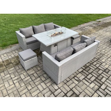 Fimous Garden Dining Sets Outdoor PE Rattan Furniture Gas Fire Pit Dining Table Gas Heater with 2 Small Footstool Light Grey (1/5)