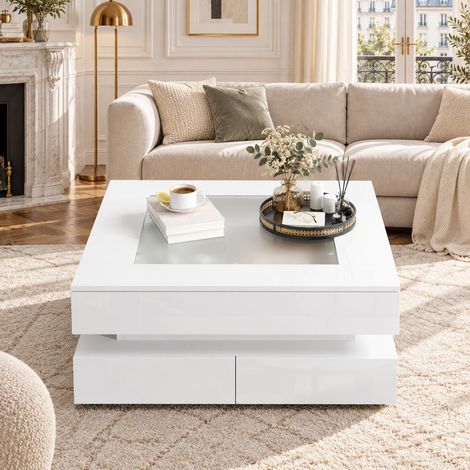 Table basse carrée 70x70x35 cm en verre et panneau blanc brillant, LED via application, 3 tiroirs, éclairage 4 côtés, charge 30 kg (1/5)