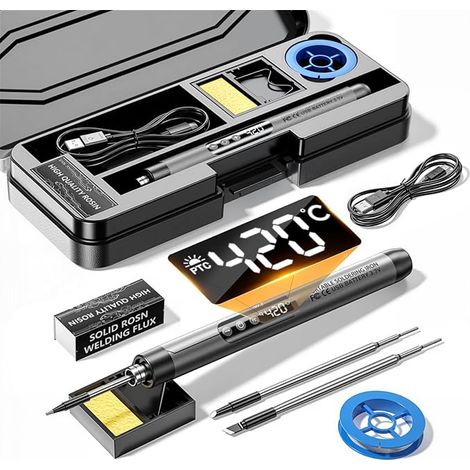 Kit de Fer à Souder Portable, Température Réglable 260-420°C avec écran LCD, Recharge USB Electronique de Precision avec 3 Conseils de Soudage, pour Réparation Électronique, Soudure et DIY (1/5)