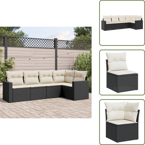 The Living Store Salon de jardin 5 pcs avec coussins noir résine tressée - Ensemble Salon De Jardin - Meuble De Jardin - Mobilier Extérieur - Salon De Jardin Design - Fauteuil De Jardin (1/5)