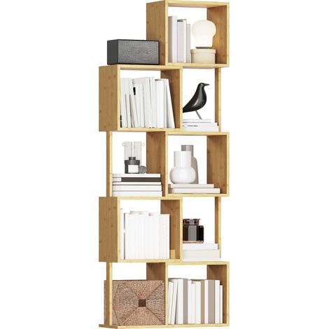 Libreria Moderna Asimmetrica a 5 Livelli in Bambù, 62.5 x 23 x 165 cm, Colore Legno Naturale