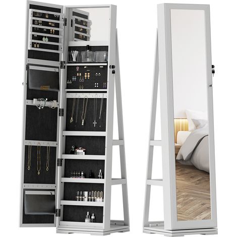 Armoire à bijoux pivotante verrouillable avec miroir multi-rangement bois blanc