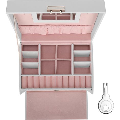 Boîte Organisatrice 3 Niveaux pour Bijoux en Simili Cuir - Rangement pour Bracelets, Colliers et Bagues - Coffret Blanc Élégant (1/5)