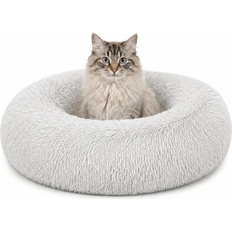 lionto Donut Katzenkissen, rundes Bett mit Plüschbezug & Anti-Rutsch-Boden, erhöhter Rand für Geborgenheit, 50 cm Durchmesser, hellgrau (1/5)