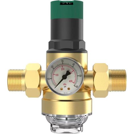 Réducteur de pression d\'eau 3/4" DN20 avec manomètre et filtre en laiton, régulateur de pression, soupape de décharge, réducteur de pression d\'eau réglable (1/5)