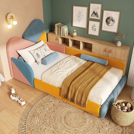 Lit rembourré en velours, lit simple enfant 90 x 200 cm avec rangements, LED, dimensions 212,5 x 100 x 110 cm, design moderne, Bleu et multi (1/5)