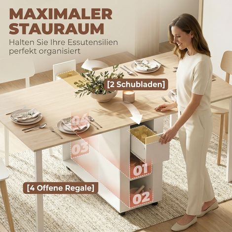 Table extensible 168 cm pour 6 personnes, table à manger avec 2 tiroirs et 4 compartiments de rangement (1/5)