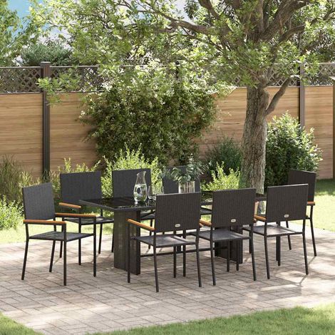 Garten Essgruppe 9 pcs Schwarz Poly-Rattan