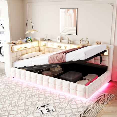 Canapé-lit rembourré en velours beige 90x200 cm avec rangement hydraulique, LED, prises USB et sommier à lattes (1/5)
