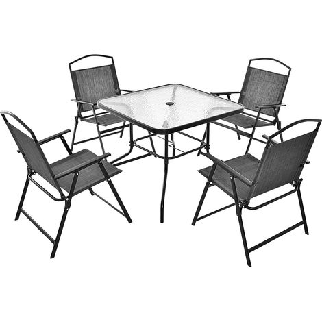 COSTWAY Conjunto Mesa y Sillas Jardin, 1 Mesa on Tapa de Cristal Templado, 4 Sillas Plegables, Orificio para Sombrilla, Juego de Comedor 5 Piezas Jardin Patio Terraza Piscina (1/5)