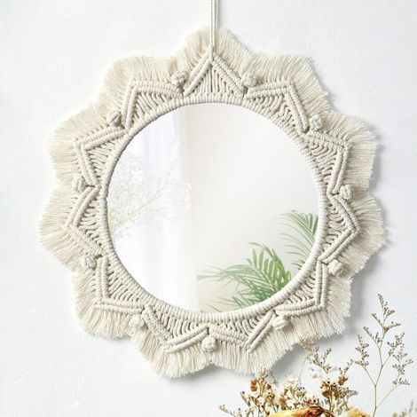 Wall Mirror, Art Decor Mirror, Macrame Fringe Mirrors, Round Decorative Ornament for Bedroom Living Room Decor (1/5)