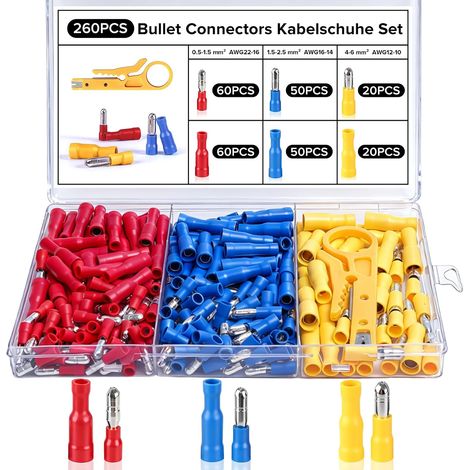 260 Pièces Cosse Electrique Ronds pour Automobile, Cosses Electriques a Sertir avec Pince à Dénuder en Plastique, 3 Types 0.5-6.0 mm² Connecteur Automobile Étanches Femelles et Mâles (1/5)