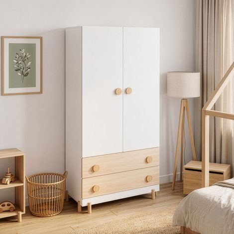 Armadio per Cameretta Vaarentaa a 2 Ante con 2 Cassetti 156x80x41 cm - Bianco/Effetto Rovere [en.casa] (1/5)