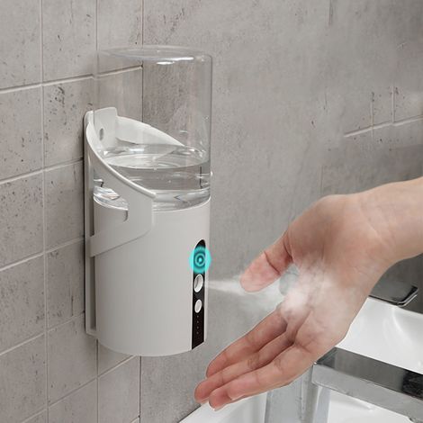 Distributeur automatique de gel hydroalcoolique blanc sans contact, mural, avec capteur intelligent et batterie intégrée pour maison. (1/5)