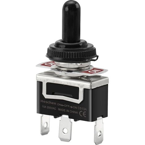Interrupteur à bascule en métal, C513A, SPDT, maintenu (enclenché), ON/OFF/ON 3 positions, 15A 250VAC, 3 languettes, CE, avec capuchon étanche (1/5)