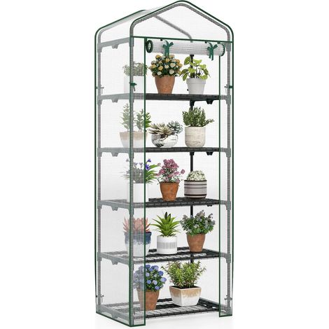 COSTWAY Mini Serra da Esterno ed Interno, Serra da Giardino con 5 Ripiani, Copertura in PE, Porta con Cerniera a Rotolo e Telaio in Metallo Antiruggine, Ideale per Balcone, Patio e Giardino (1/5)