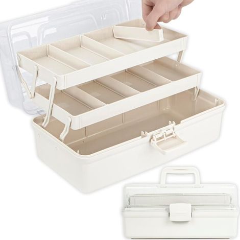 Scatola portaoggetti multifunzionale a 3 livelli da 26,2 cm con divisori regolabili, scatola porta-attrezzi portatile per la pesca, custodia pieghevole per artigianato, medicine, attrezzi, cucito (bia (1/4)