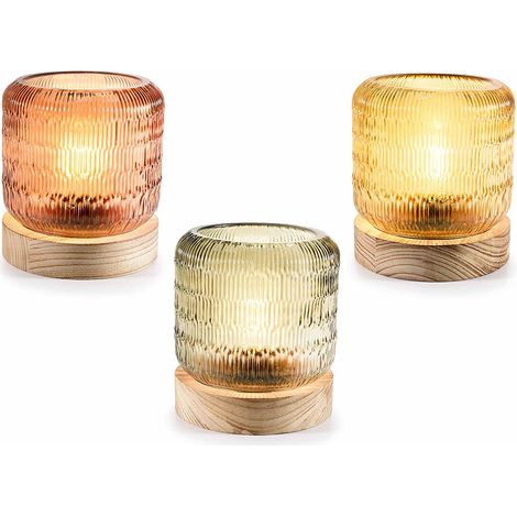 Lampade in vetro colorato con base in legno e luce a LED, set da 3 pezzi, Ø 13 cm x 14,5 H