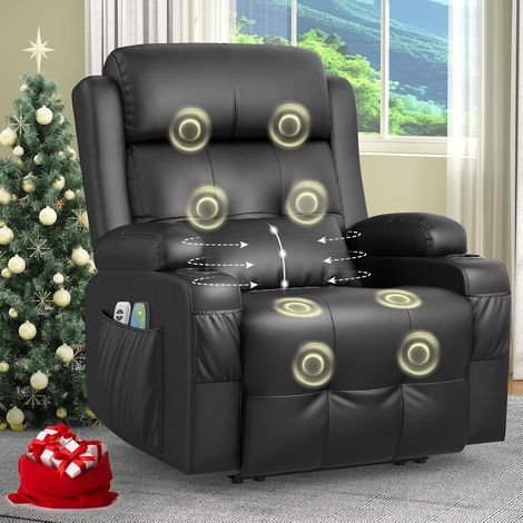 Fauteuil de détente, fauteuil TV, fauteuil de massage électrique inclinable avec fonction chauffante, repose-pieds, 2 poches latérales, porte-gobelet, ports USB et Type-C, PU noir