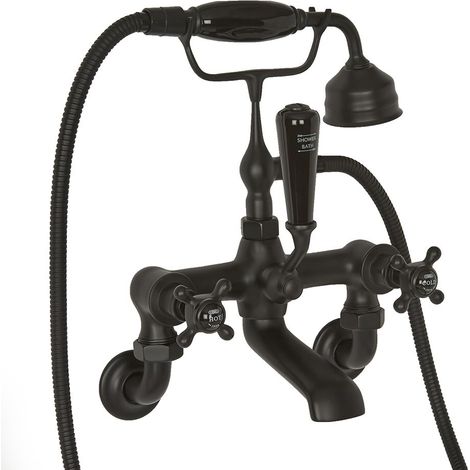 Milano Elizabeth Wall Mounted Bath Shower Mixer Tap - Black (Crosshead Handles)