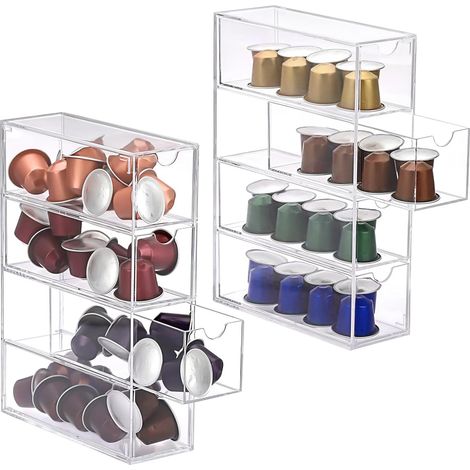 Lot de 2 boîtes de rangement en acrylique pour dosettes de café avec 4 tiroirs - Porte-dosettes de café transparent 24,7 x 17,6 x 6,6 cm - Compatible avec les capsules - Organiseur (1/5)