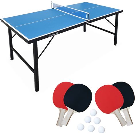 Mini folding indoor table tennis table with 4 bats and 6 balls blue