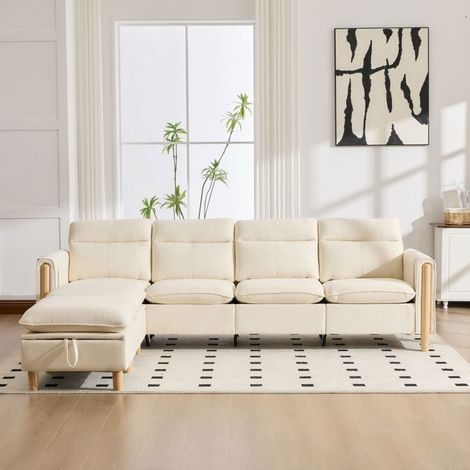 Canapé modulable - SOGEU - Canapé d’angle modulable en U - 4 places - Revêtement chenille beige - 2 poufs coffre (1/5)