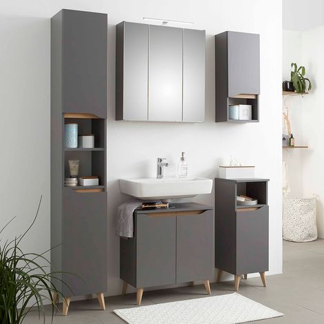 Badezimmer Komplett Set mit Füßen in Holzoptik QENA-66 in Quarzgrau Matt Touch mit Riviera Eiche Nb., B/H/T ca. 140/190/33 cm (1/5)